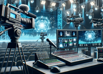 一個搭建海外直播伺服器的工作台,包括調音台、攝影機、顯示屏等專業設備,周圍懸掛著閃爍的彩燈,營造出科技與娛樂交織的氛圍。這張圖片體現了搭建高頻寬低延遲的海外直播伺服器對設備和技術的專業要求,是實現無卡頓跨洋直播的關鍵。