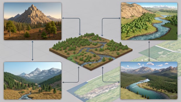 開放世界遊戲地形渲染流程的視覺示意圖