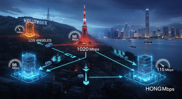 洛杉矶、东京与香港下载速度对比图