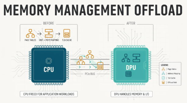 Diagram of DPU offloading CPU memory management tasks Diagram of DPU offloading CPU memory management tasks