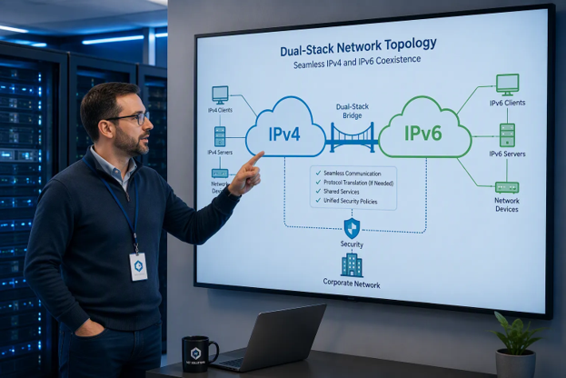 展示服务器上 IPv4 与 IPv6 共存的双栈网络结构示意图 展示服务器上 IPv4 与 IPv6 共存的双栈网络结构示意图